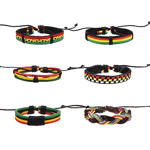 JNAWA 6 pulseras rastafari de colores de la bandera de Jamaica trenzadas para hombre y mujer pulsera de cuero, Cuero