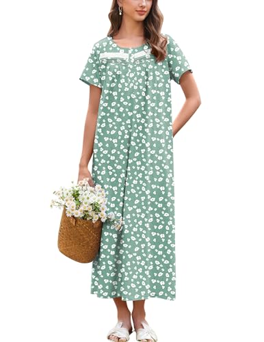 Image of Ekouaer Nightgown for Women Cotton Long Night Gown Short Sleeve Nightdress with Pockets Button Sleepshirt Soft Sleepwear