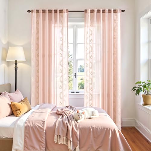 Image of jinchan Floral Sheer Curtains, Back Tab 50x96 Inch, 2 Panels Pink