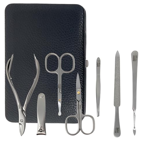 SHPITSER Professional 7pc TopInox Surgical Stainless Steel Tools Manicure Pedicure Set in Genuine Durable Leather Case Handmade in Solingen Germany for Nail and Cuticle and Nose Care