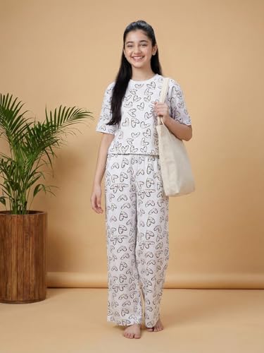 Image of Li'l Tomatoes Girls Cotton Night Suit Set | 100% Cotton Summer Co-Ord Set | Half Sleeve T-Shirt & Full Length Pajama | Soft & Breathable Printed Clothing Set | 9-16 Years