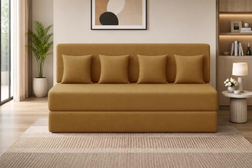 Image of Los Angeles Foldable Four Seater Sofa Cum Bed, Sofa Bed 6 X 6 Ft Jute Fabric Washable Cover- Including Cushion Perfect for Living Room - Golden
