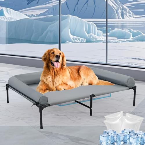 42'' Outdoor Elevated Dog Bed with Pillow, Raised Dogs Bed with Six Support Feet, Breathable Cooling Dog Cot Beds Mediu with 4 Ice Pack(Large)