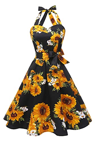 Topdress Womens Vintage Polka Audrey Dress 1950s Halter Retro Cocktail Dress Black Sunflower XL New