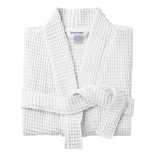 YelaJoy Cotton Bathrobe Free Size Spa Robe Lightweight Hotel Bathrobe Quick Dry Unisex Waffle Weave with Belt & Pockets Home Spa Sauna Gift Use (UAE/KSA Alpha L Regular Regular White)