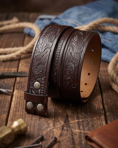 Image of CHAOREN Western Belts for Men without Buckle, 1.5 inch Full Grain Leather Strap | Cowboy Country Mexican Style, Tooled & Smooth, Secure Snap Design, Interchangeable Buckle, Gift Box
