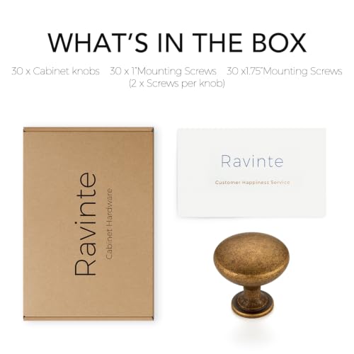 Image of Ravinte Antique Brass Cabinet Knobs, Zinc Knobs Drawer Pulls, 30 Pack | Round Knob Shape, Smooth Pull Grip, Kitchen Cabinet Update, For Dressers, Drawers, Cabinet Doors, Furniture Hardware Projects