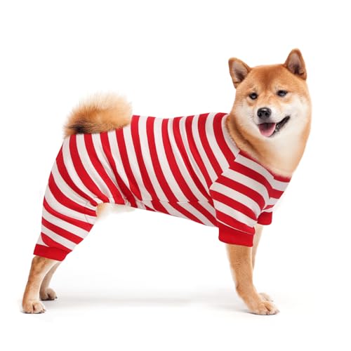 Uadonile Dog Pajamas, Christmas Onesie PJS for Dog Boy Girl, Doggie Jumpsuit, Puppy Christmas Clothes, Red and White Striped, L