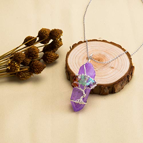 Bivei Tree of Life 7 Chakra Gemstone Copper Wire Wrap Irregular Clear Quartz Point Crystal Pendant Necklace(Silver Plated Chakra-Titanium Coated Purple) - Thumbnail 6