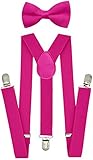 trilece Pink Suspenders and Bow Tie Set for Boys Kids Girls Toddlers Baby Bowtie - Adjustable Elastic 1 inch Wide Y Shape - Heavy Duty Strong Clips (5 Months to 6 Years, Hot Pink)