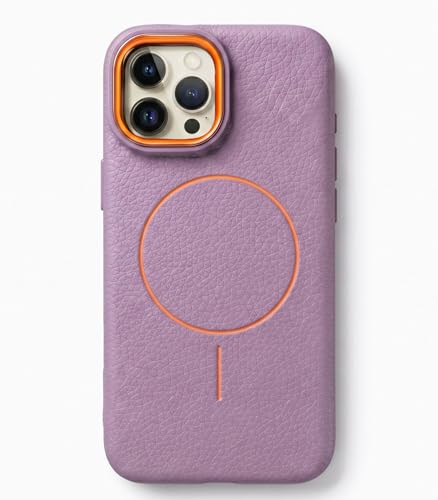 Image of amazon basics Luxury MagSafe Compatible Leather Texture Back Cover for iPhone 13 Pro | Raised Camera Protection | Slim Fit Shockproof Case with Metallic Accents (Purple)