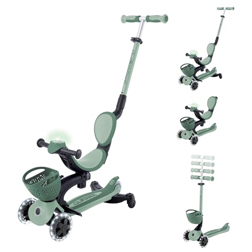 Globber GO•UP Baby 360 Lights - Patinete escalable de 3 Ruedas con Asiento y Respaldo para niños de 15 Meses a 6 años, Verde Salvia