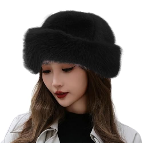 EQWIGKEIT Gorro de piel para mujer, elegante, cosaco, gorro de invierno, gorro ruso, suave, gorro de pelo ruso, gorro de peluche cálido, A3 negro., Talla única