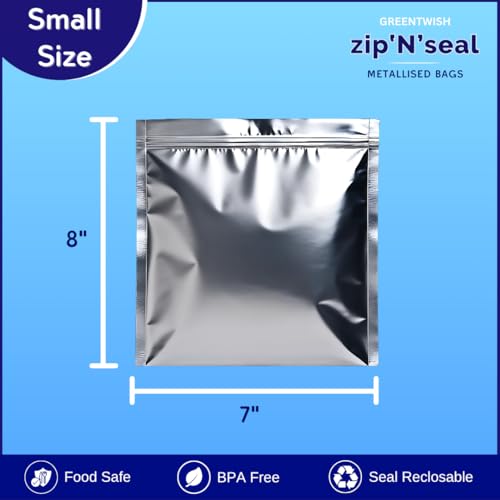 Image of GREENTWISH Zip 'N' Seal Metallised Silver Zip Lock Bags, Reusable Sandwich and Food Storage Bag, Airtight Foil Pouch with Zipper, Freezer Safe, Polyethylene | Size: Small (7x8 Inch) | 15 Bags