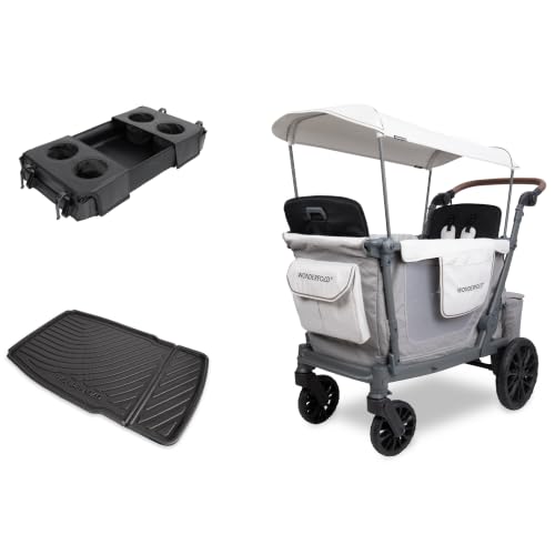 WonderFold L2 Bundle - 2-Seater Stroller Wagon with All-Weather Floor Mat and Flex Snack Tray, Safety-Certified with 5-Point Harnesses - Gray