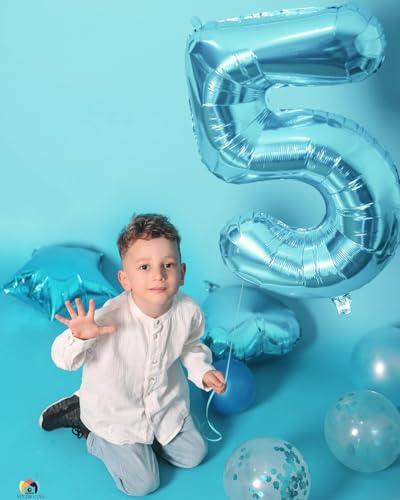 Image of Pearlescent Blue 5 Balloon, Number Balloons 40 Inch, 5th Birthday Balloon Decorations, Pearlescent Blue Party Supplies, 5 Number Balloons, Number 5 Balloon