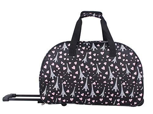 Betsey Johnson Designer Carry On Luggage Collection - Lightweight Pattern 22 Inch Duffel Bag- Weekender Overnight Business Travel Suitcase with 2- Rolling Spinner Wheels (Paris Love)