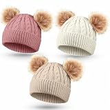 Geyoga Kids Toddler Winter Pompom Hat Baby Knitted Beanie Hat Faux Fur Pom Beanie Cap for Girls Boys 1-3 Years Old (White, Khaki, Pink)