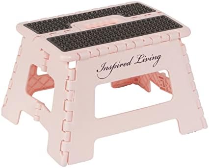 Inspired Living 9" Folding Step Stool, Plastic Foldable Step Stools for Adults Holds Up To 330 lbs, Collapsible Folding Stool for Kitchen, Bathroom, Bedroom, Garden - Blush Pink