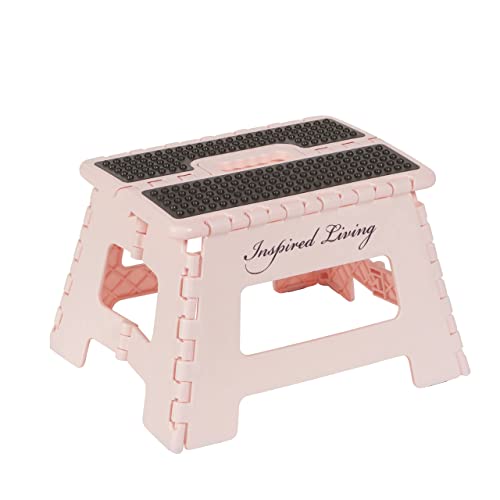 Inspired Living 9" Folding Step Stool, Plastic Foldable Step Stools For Adults Holds Up To 330 Lbs, Collapsible Folding Stool For Kitchen, Bathroom, Bedroom, Garden - Blush Pink #TOP13
