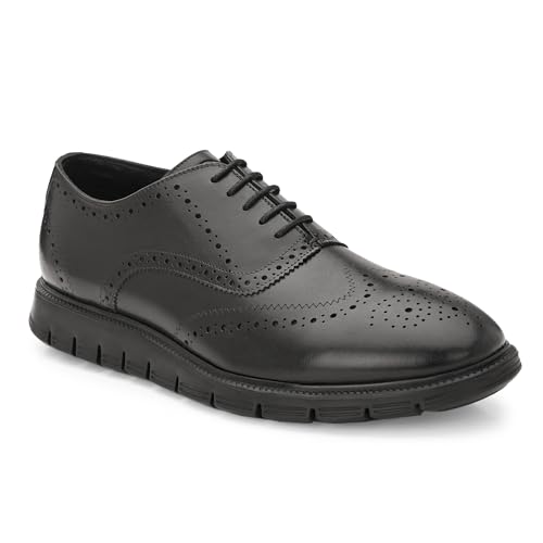 Image of Legwork Informal Brogue 2.0 - Italian Leather Hybrid Dress Shoes with XL Extralight Outsole | Ultra-Lightweight & Comfortable Oxford Wingtip | All-Black Elegance
