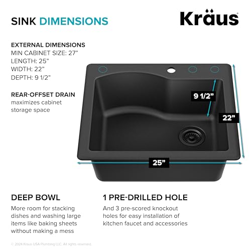 KRAUS Quarza 25-inch Drop-In/Undermount Single Bowl Granite Kitchen Sink in Black, KGD-441BLACK by Kraus - Image 4