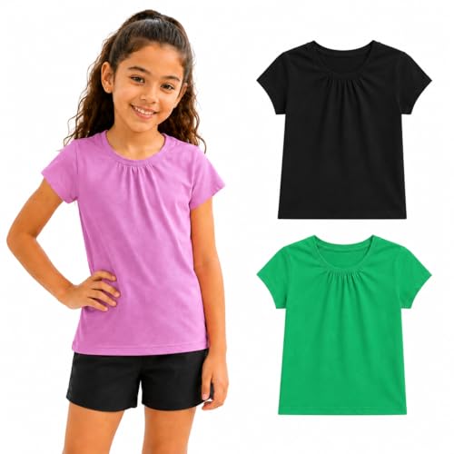 Image of Bienzoe Plain Solid Girls T-Shirts: School Basic Tee 3-Pack | Short Sleeve, Ages 4-13, PE, Recess, Outdoor Play, Soft Cotton Blend, Breathable Quick-Dry, Easy Care, Easy to Mix and Match