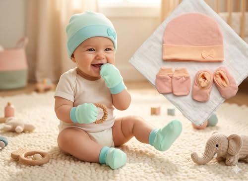 Image of VIN Newborn Baby Boy - Girl Cotton Mittens Floral Bow Design Caps Gloves Booty Combo Pack of 2 Pair for 0 to 6 Months |Parent Infant Apron Gift Set