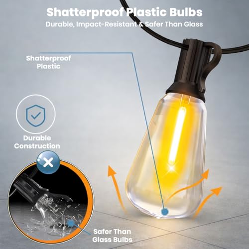 Image of Outdoor ST38 String Lights 50ft Decorative LED Bulbs IP65 Waterproof Shatterproof for Indoor /Outdoor Lighting Energy Saving Hanging Light for Cafe Restaurant Garden Balcony (50+2 Bulbs)