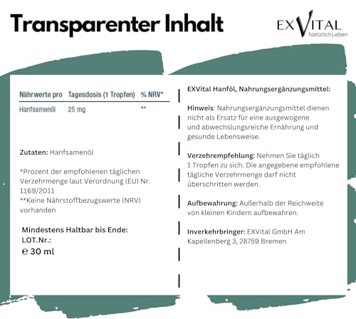 EXVital Hanfsamenöl, 25mg pro Tagesdosis,750 Tropfen, kaltgepresst, 30ml, Premium Anbau, vegan & laborgeprüft