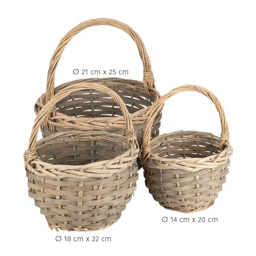 Ideen mit Herz Weidenkorb-Set | 3 Körbchen in unterschiedlichen Größen: Ø14, Ø18, Ø21 cm | mit Henkel | geflochten | rund | klein | ideal als Präsent- oder Geschenkkorb (Dunkel)