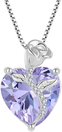 FJ Collier Pierre de Naissance pour Femme Argent Sterling 925 Collier Fleur Rose Coeur Bijoux Cadeaux pour Maman Épouse Femme Fille