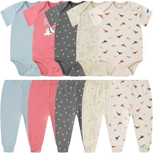 MEYSAHO Baby Newborn Layette 10-Piece Set Cotton Bodysuits Short Sleeve Pants Sets Star Plane Printed for Baby Boys Girls Toddler Unisex Baby Gift Sets for 9 12 Months