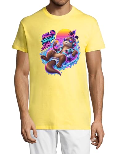 Image of Relaxing Otter Floating with Tropical Vibes Crew Neck Cotton Men's T-Shirt Yellow Medium