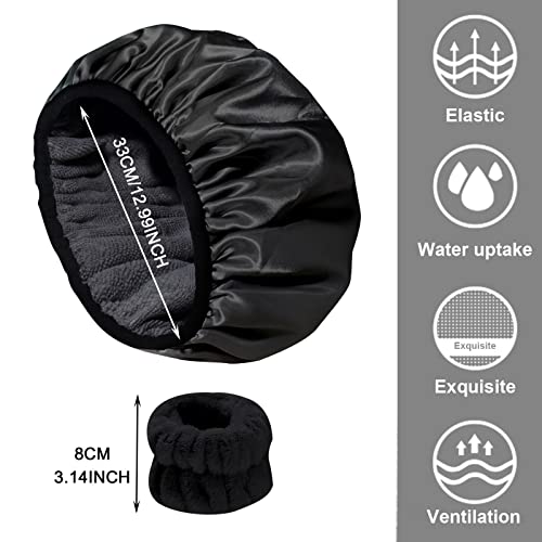 AYNKH Towel Lined Shower Cap, Microfiber Terry Cloth Silky Satin Stretchy Bathing Cap - Image 2