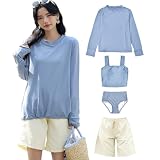 [Teddy] タンキニ水着 レディース 体型カバー 長袖シャツ ラッシュガード ハーフパンツ 4点セットビキニ hys2861 (M(9号), ライトブルー×クリーム)