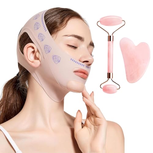 Doppio Mento Maschera Viso Snellente,Maschere Riutilizzabili a V,Fascia per il lifting del viso per il dimagrimento,per il viso Per Facciale a forma di V,con Gua Sha e Rullo per il Viso