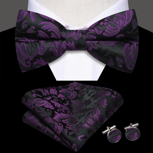 Image of Dubulle Mens Paisley Striped Bowtie Set Pre-tied Bowtie for Men and Pocket Square Set Wedding Business