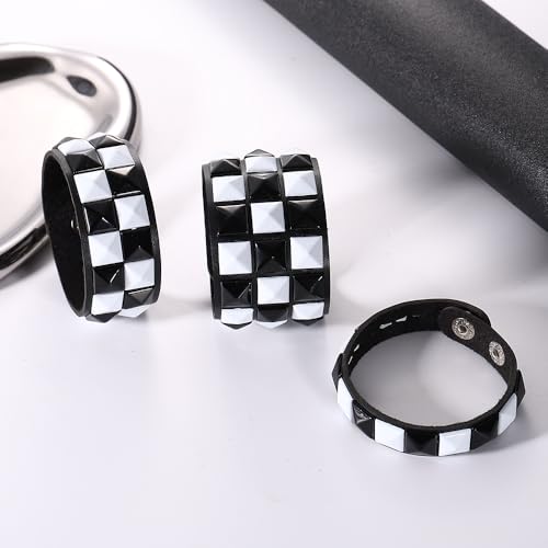 3 Piece Black White Checkered Leather Studded Punk Bracelet, Adjustable Genuine Wristband for Men Women, Gothic Halloween Accessories2
