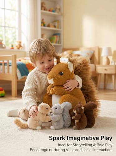 Image of MaoGoLan 4Pcs Squirrel Plush Toys with 3 Baby Squirrels, Realistic Mother Squirrel Stuffed Animal Set, Soft Brown Woodland Animal Plushie Gift for Kids, Girls, Boys & Forest Animal Lovers