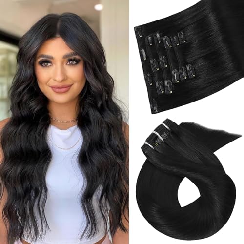 Aison Hair Extensions for Women Natural Black Clip in Hair Extensions Real Human Hair 18 Inch 75G/7Pcs Soft Silky Straight 16clips(18 Inch #1B)
