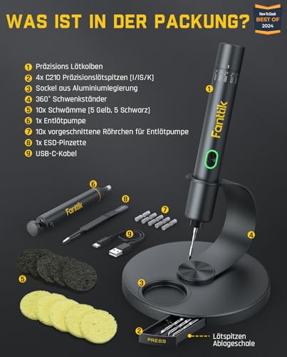 Fanttik T1 Max Präzisions Lötkolben Set, 7 Sek. schnelles Aufheizen，6 Temperatur Einstellbar 200~450 ℃, 4 Lötspitzen (C210), 360° drehbarer Ständer, Lötkolben für Reparaturen