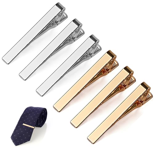 Image of MOWPOG 6 Pcs Tie Clips for Men, Tie Bar Pins Tacks with Gift Box | Copper, Shiny & Glossy, for Father, Husband, Boyfriend, Business, Wedding, Suit Accessories, Easy to Open, Won't Fade /Scratch