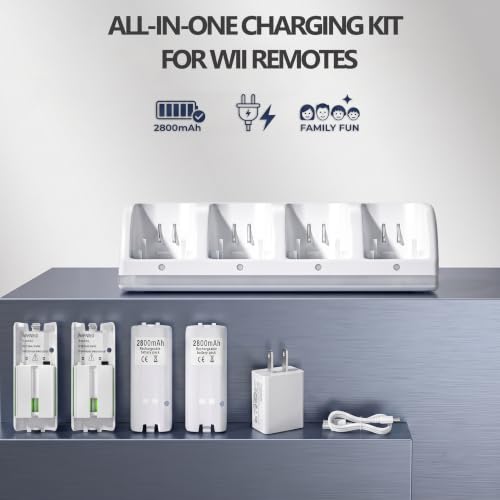 Image of 4-in-1 Charging Station for Wii&Wii U Remote Controller,Charger with 4 Rechargeable Battery Packs (4 Port Charging Station+4 pcs 2800mAh Replacement Batteries+USB Cable),Remote Not Included