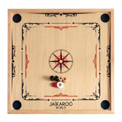 Jackaroo World Carrom Board Game Oak Wooden 29x29 Inch Board with 27.5 Playing Surface American Style Carrom Table with Special 22 Coins + 2 Strikers (Extra Pieces) Carom Board for Adults & Family