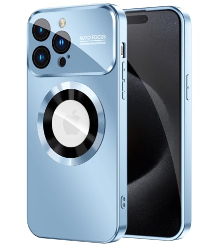 MAKAVO Magnetic for iPhone 15 Pro Max Case, Compatible with MagSafe, Built-in Camera Lens Protector, Logo View, Military Grade Drop Proof Phone Case Cover, Sierra Blue