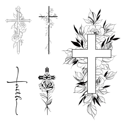 WEEKINK Christian Cross Temporary Tattoos – 5 Styles of Floral & Script Cross Fake Tattoos for Arm, Neck, Finger, Hand, Religious Faith Semi-Permanent Body Art, Waterproof & Realistic