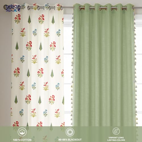 Image of Urban Space Floral 100% Cotton Curtains For Door, Combo Set Of 3 Curtains 7 Feet Long, 60-65% Room Darkening Curtain, Tieback & Eyelets Included With Curtains For Home Decor (High Garden Red, 7 Feet)