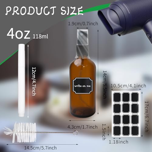 52 Pcs 4 Oz Amber Glass Spray Bottles with Funnel, Brush & Labels Set Small Spray Bottle for Travel, Oil Spray & Mist3