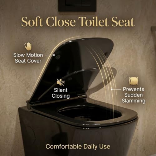 Image of B Backline Ceramic Wall Hung Rimless Western Toilet Commode /Water Closet Commode With Soft Close Toilet Seat For Bathroom - P Trap Outlet From Wall (Black Glossy) (7 Years Glaze Warrrenty)